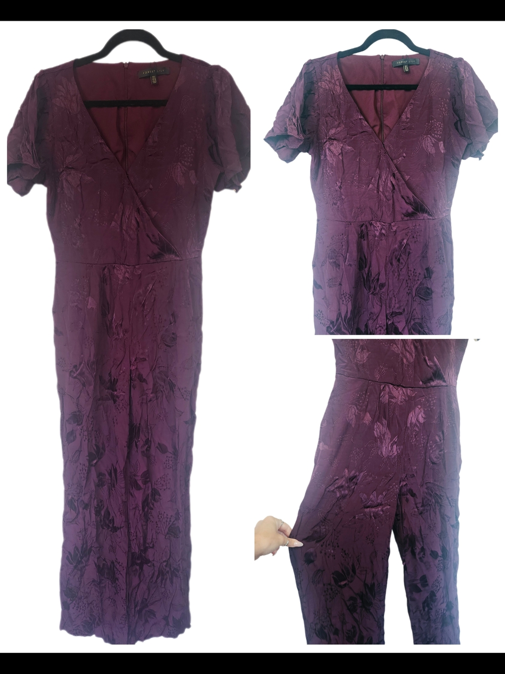 FOREST LILY Purple Plum Floral Satin Jacquard Jumpsuit Size 6
